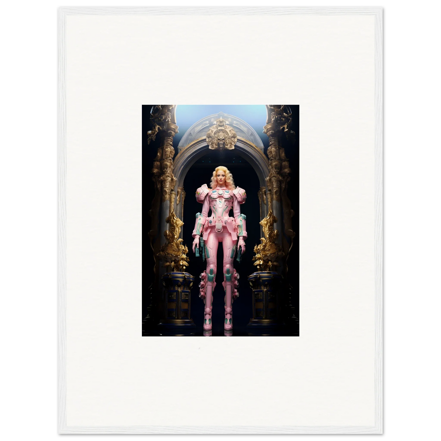 Blonde woman in pink ruffled armor costume, ideal for Pastry Vanguard room decor