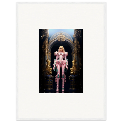 Blonde woman in pink ruffled armor costume, ideal for Pastry Vanguard room decor