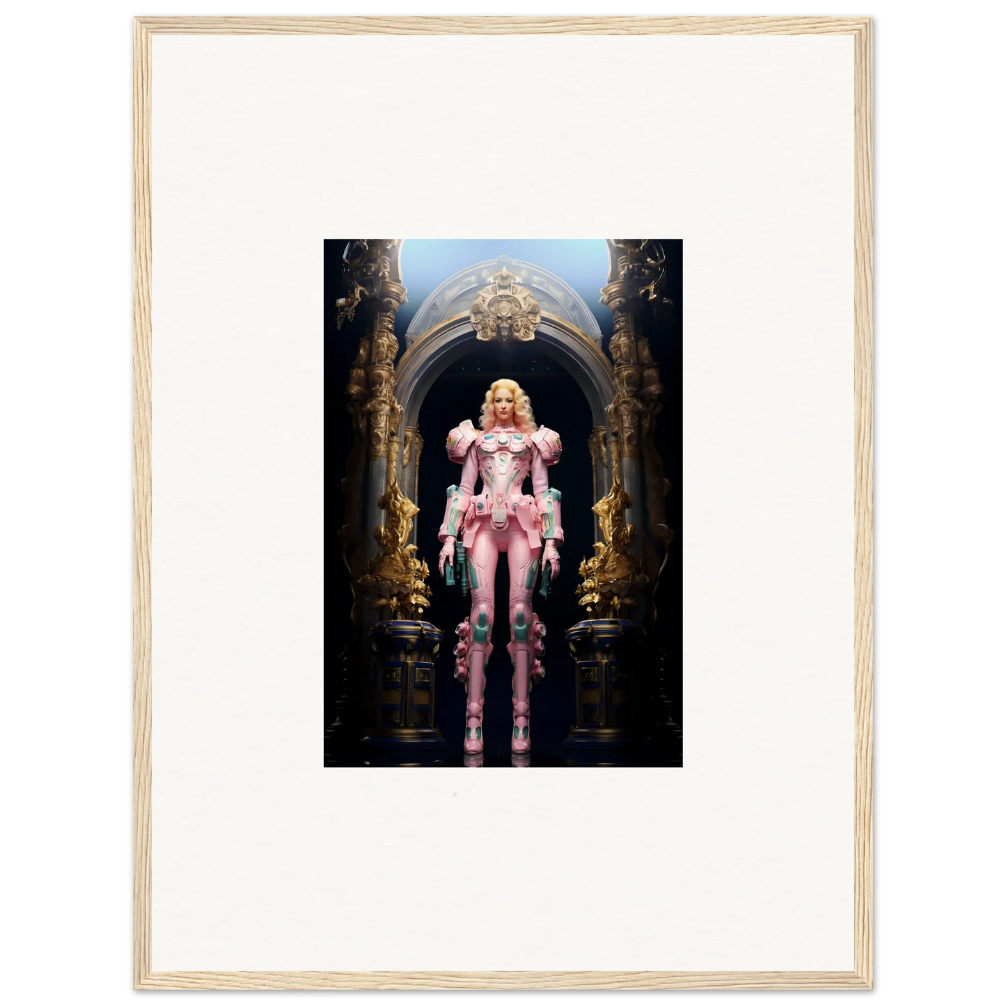 Blonde woman in pink costume by archway, perfect for Pastry Vanguard wall art