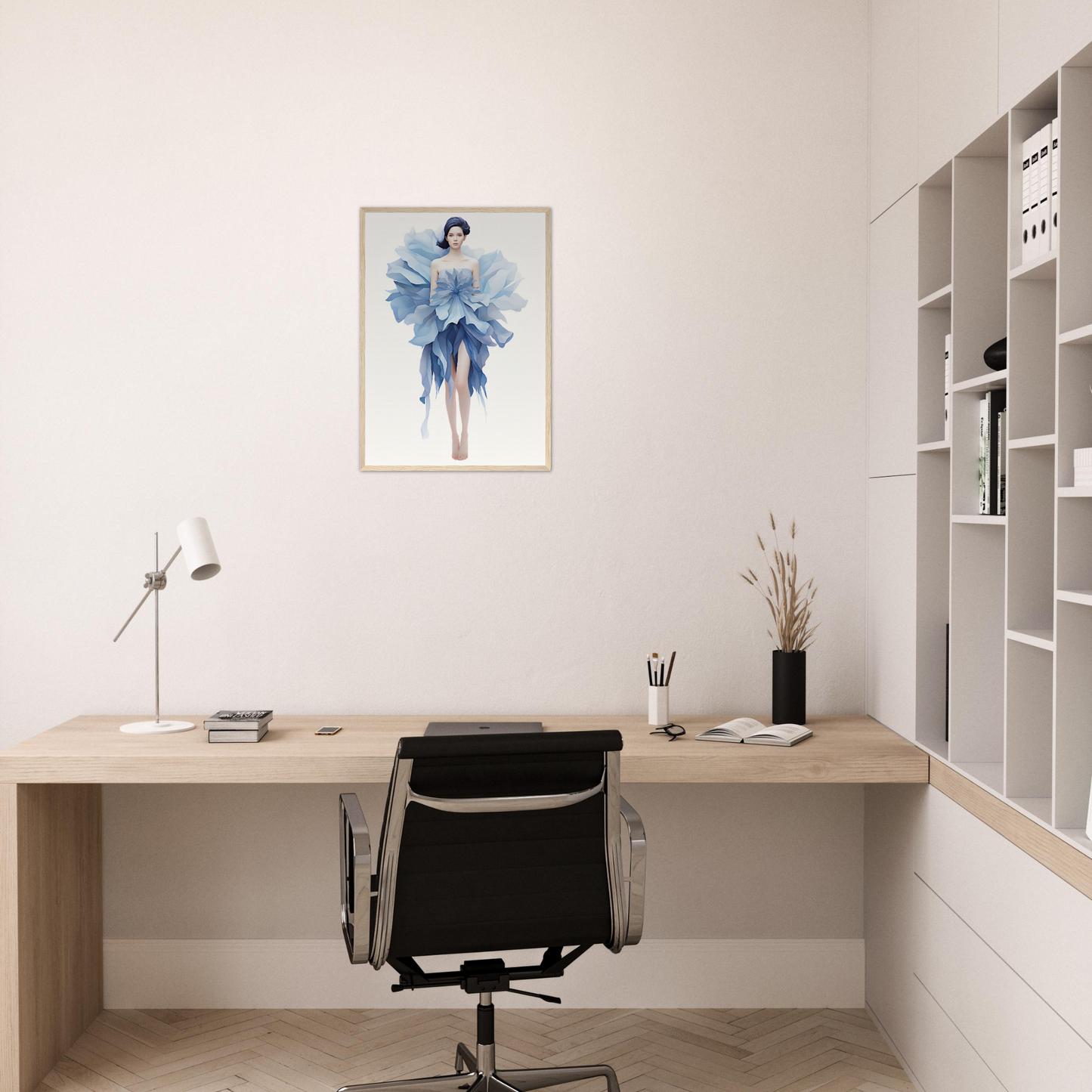 A blue flower on a white background framed in a white wall