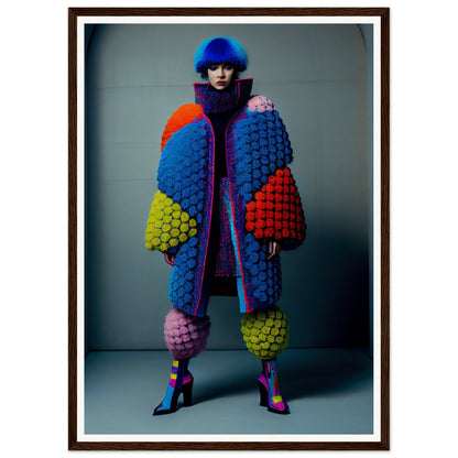 A woman in a colorful coat is standing in front of a black frame, showcasing the Crochet Addicts Anonymous The Oracle Windows™ Collection.
