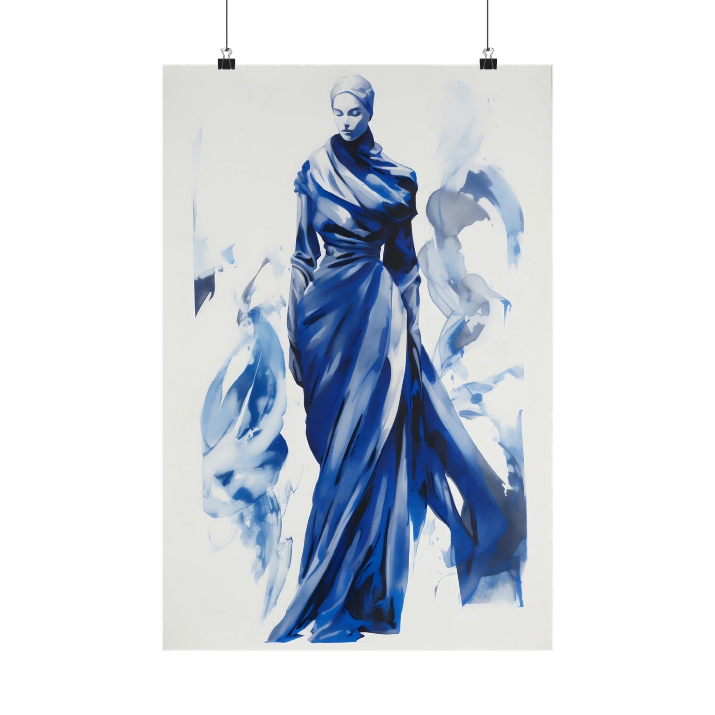 A blue and white painting of a woman in a dress