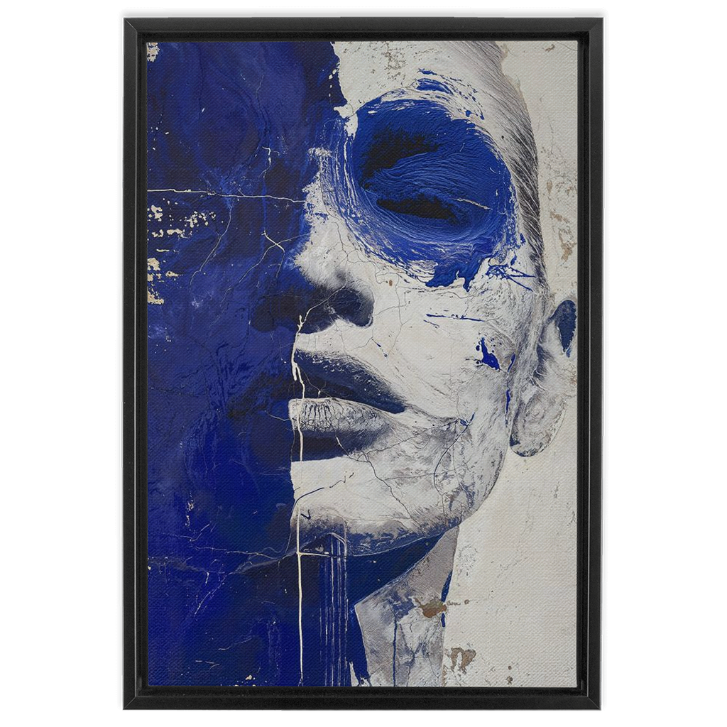 This digitally printed Portrait In Deep Blue is an XXL Framed Canvas Wrap that beautifully captures a woman's face.