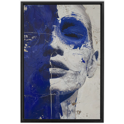 The text without irrelevant codes: A Portrait In Deep Blue - XXL Framed Canvas Wraps of a woman's face, beautifully framed on hardwood.