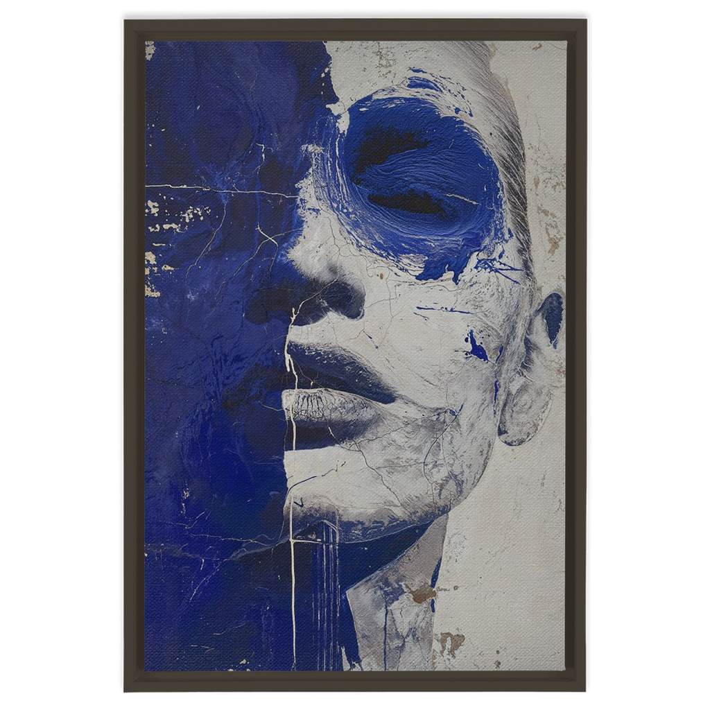 "A Portrait In Deep Blue" - XXL Framed Canvas Wraps of a woman's face, framed in a hardwood frame.