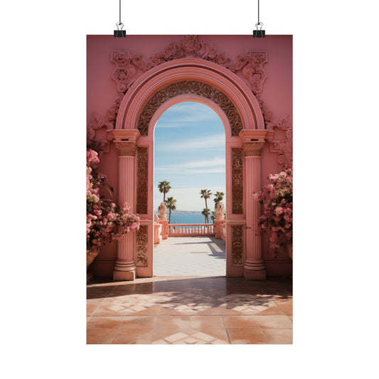 Ornate pink archway framing a view of palm trees and sky.