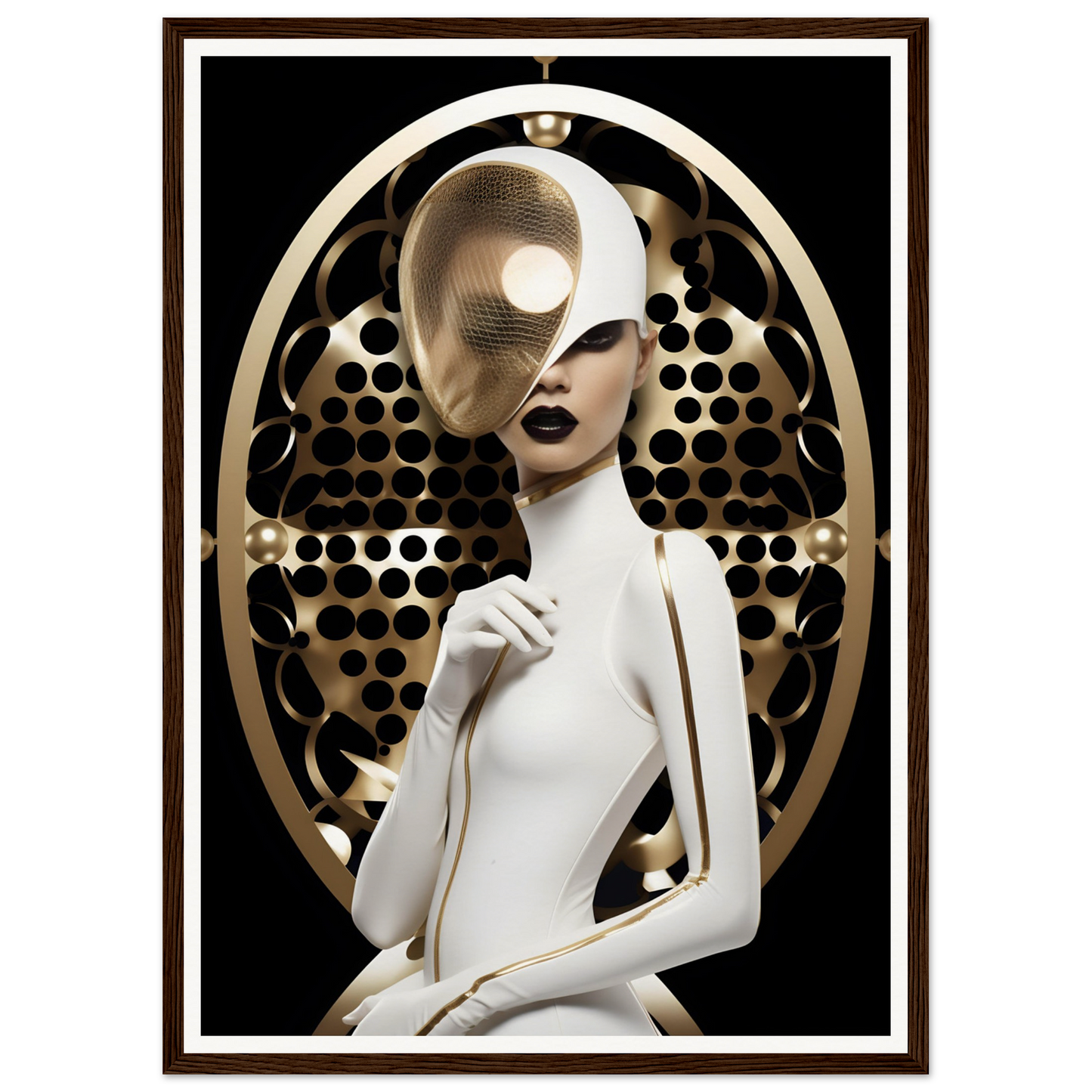 Stylized feminine figure in white with a partially obscured face against a patterned gold backdrop.