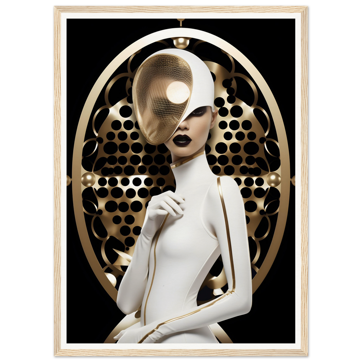 Stylized figure in white with an avant-garde headpiece against a perforated gold backdrop.