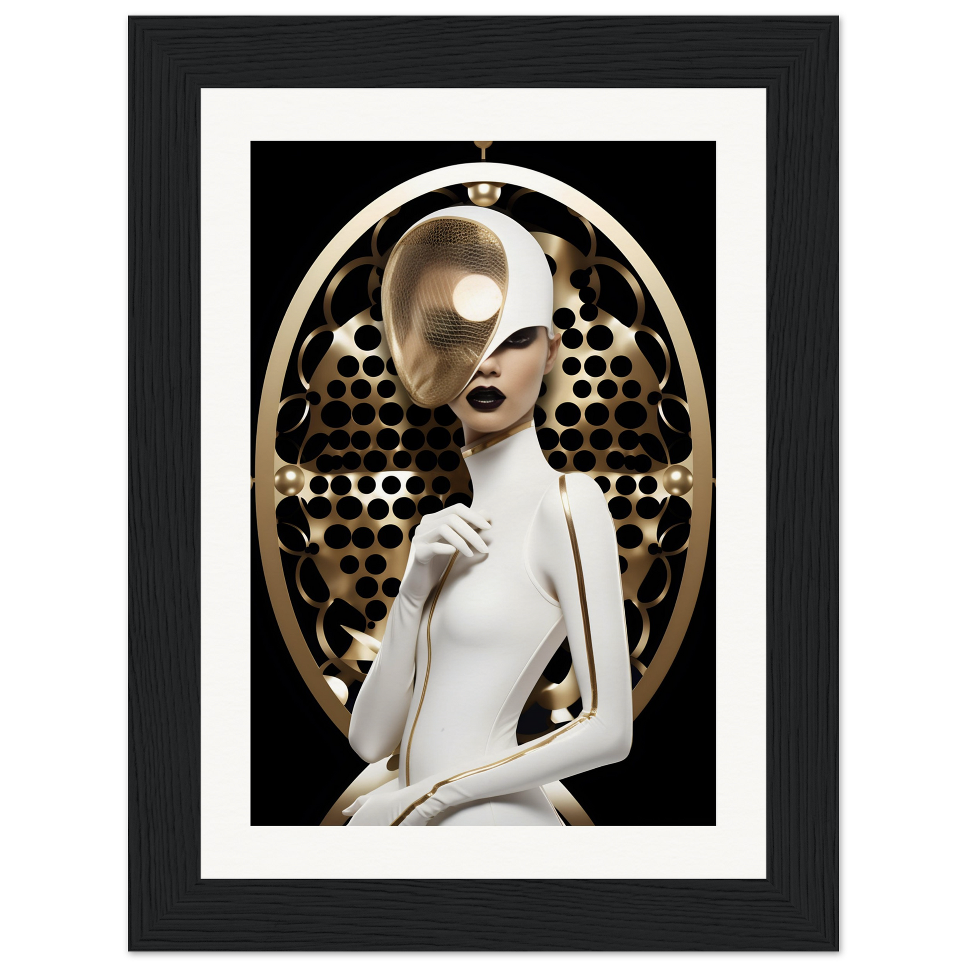 Stylized figure with half-white, half-gold face wearing a white outfit against a circular patterned backdrop.