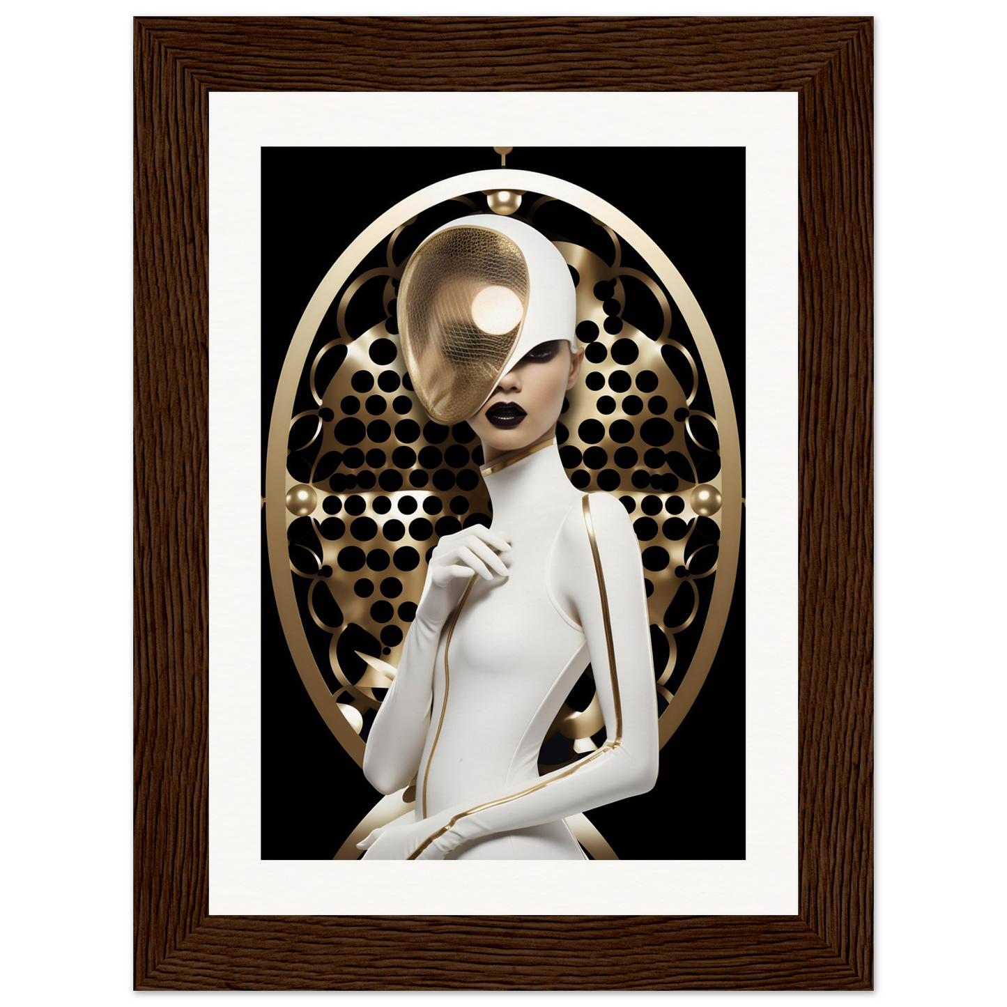 Stylized female figure with a partially obscured face in a white outfit against a circular patterned backdrop.