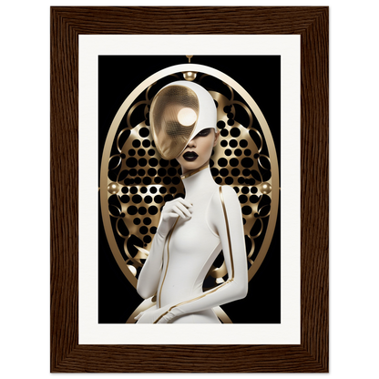 Stylized female figure with a partially obscured face in a white outfit against a circular patterned backdrop.