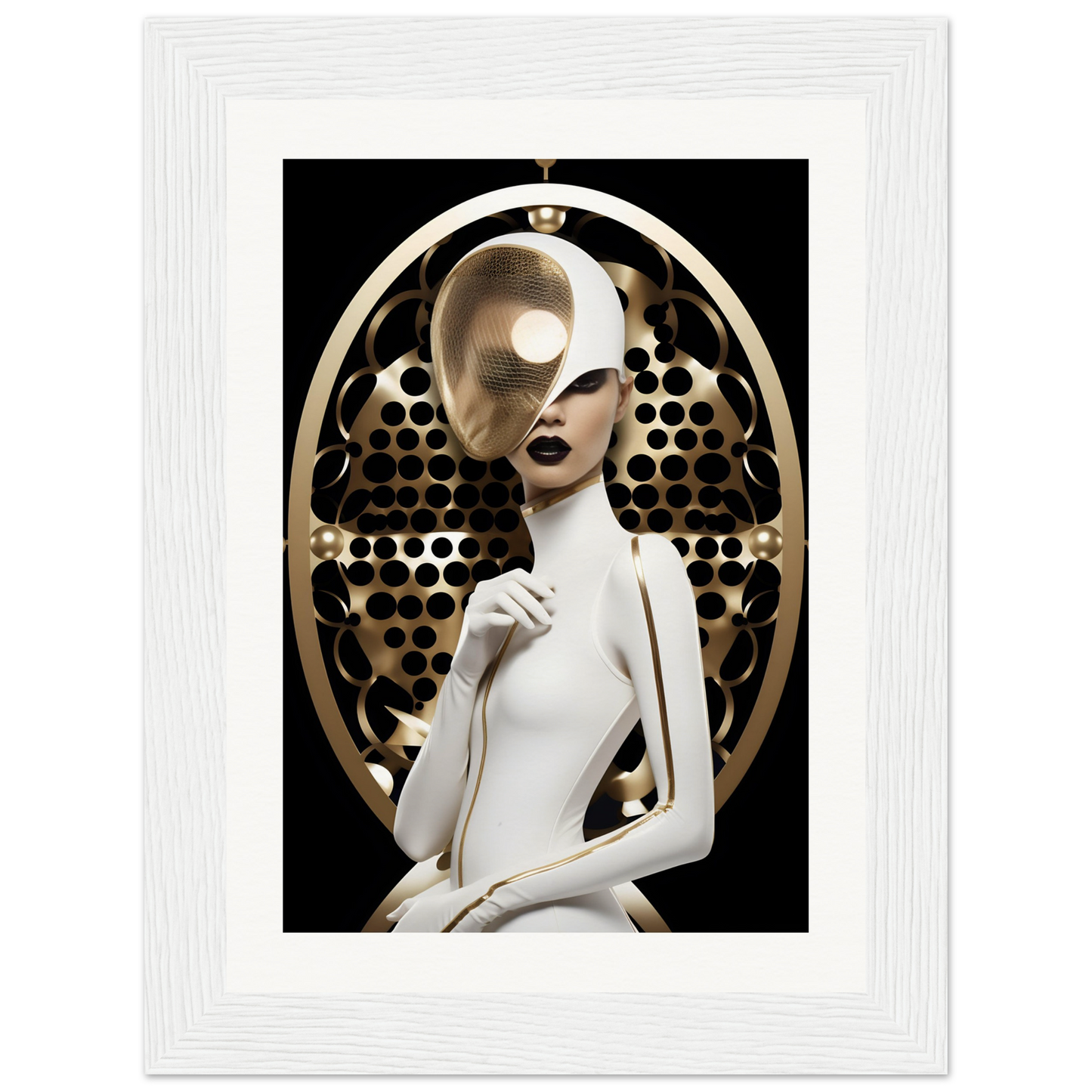 Stylized female figure with a partially obscured face in a white outfit against a decorative circular backdrop.