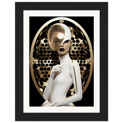 Stylized figure in white attire with a circular, perforated backdrop.