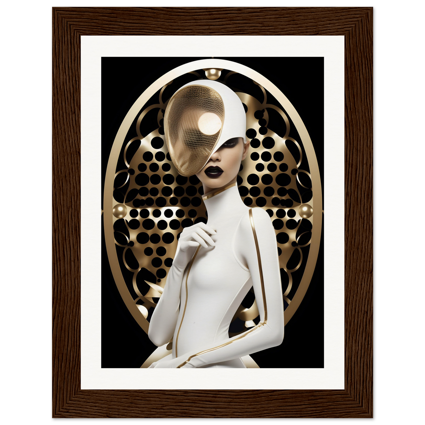 Stylized figure in white with a circular patterned backdrop and metallic face covering.