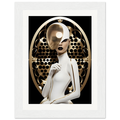 Stylized female figure in white attire with a metallic circular headpiece featuring geometric patterns.