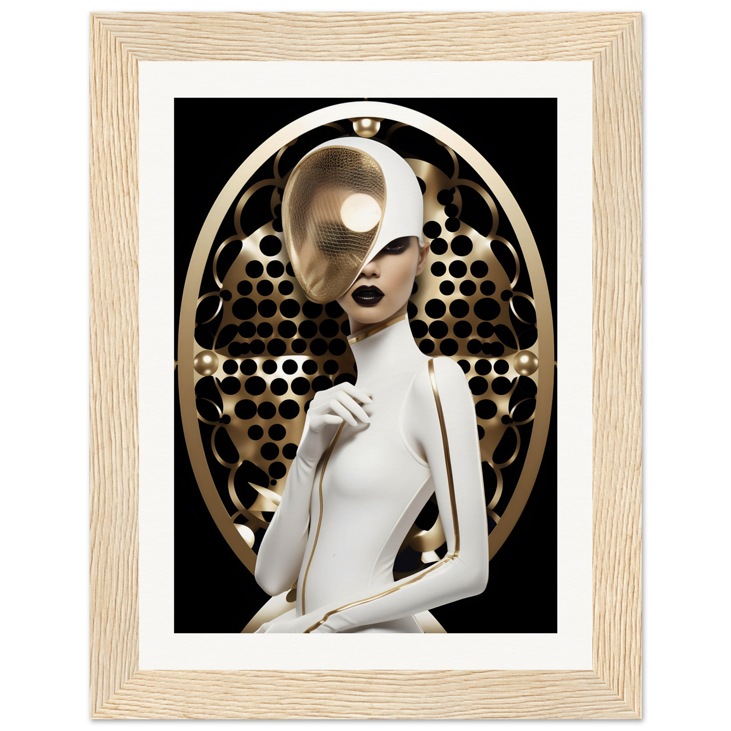 Stylized female figure with metallic features against a decorative circular backdrop.