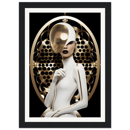 Stylized female figure in white with a metallic gold face and circular patterned backdrop.