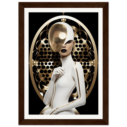 Stylized female figure with metallic features in a white outfit against a circular patterned backdrop.