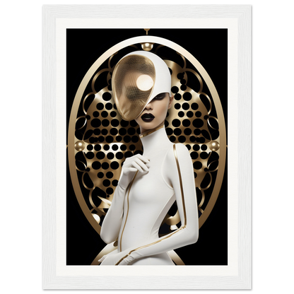 Stylized female figure with pale skin and a striking gold headdress against a dark background.