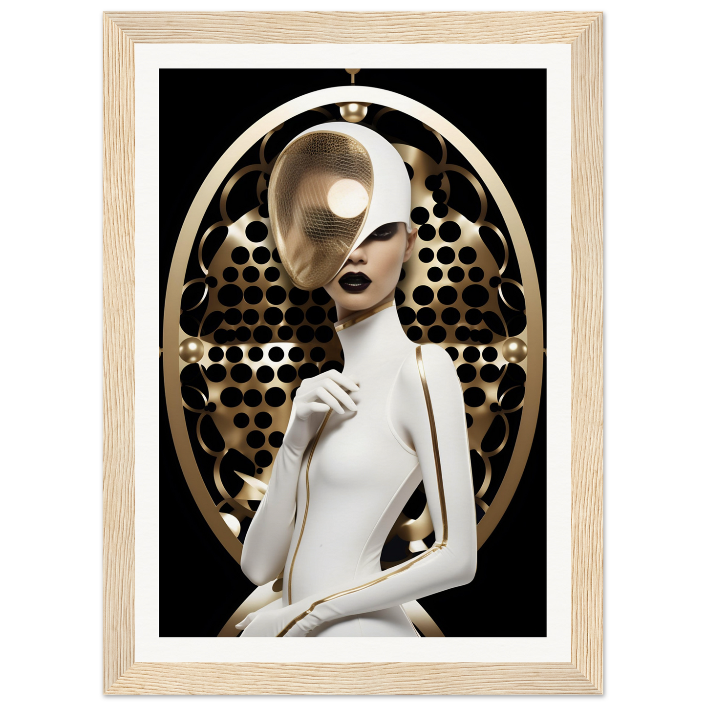 Stylized figure with a metallic mask-like face in a white outfit against a circular patterned backdrop.