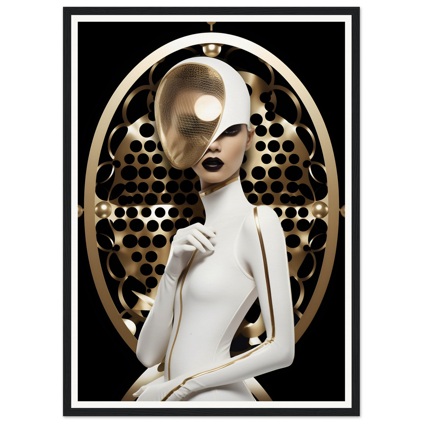 Stylized female figure with a partially obscured face in a white outfit against a geometric gold backdrop.