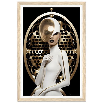 Stylized female figure in white attire with a metallic gold face mask and ornate halo-like backdrop.