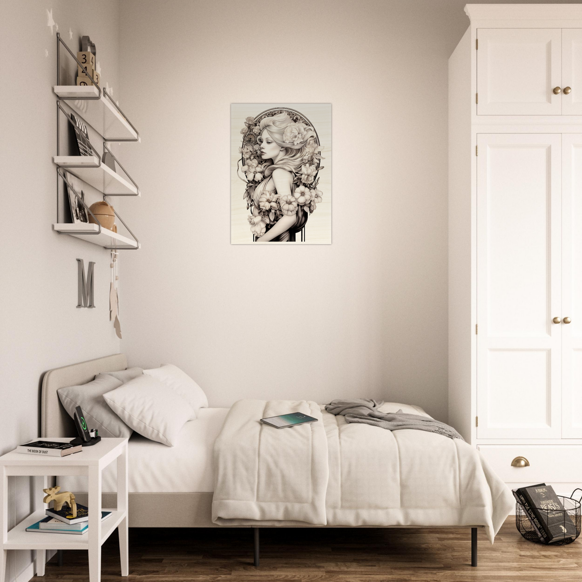 Minimalist bedroom with a single bed, white furniture, and artistic wall decor.