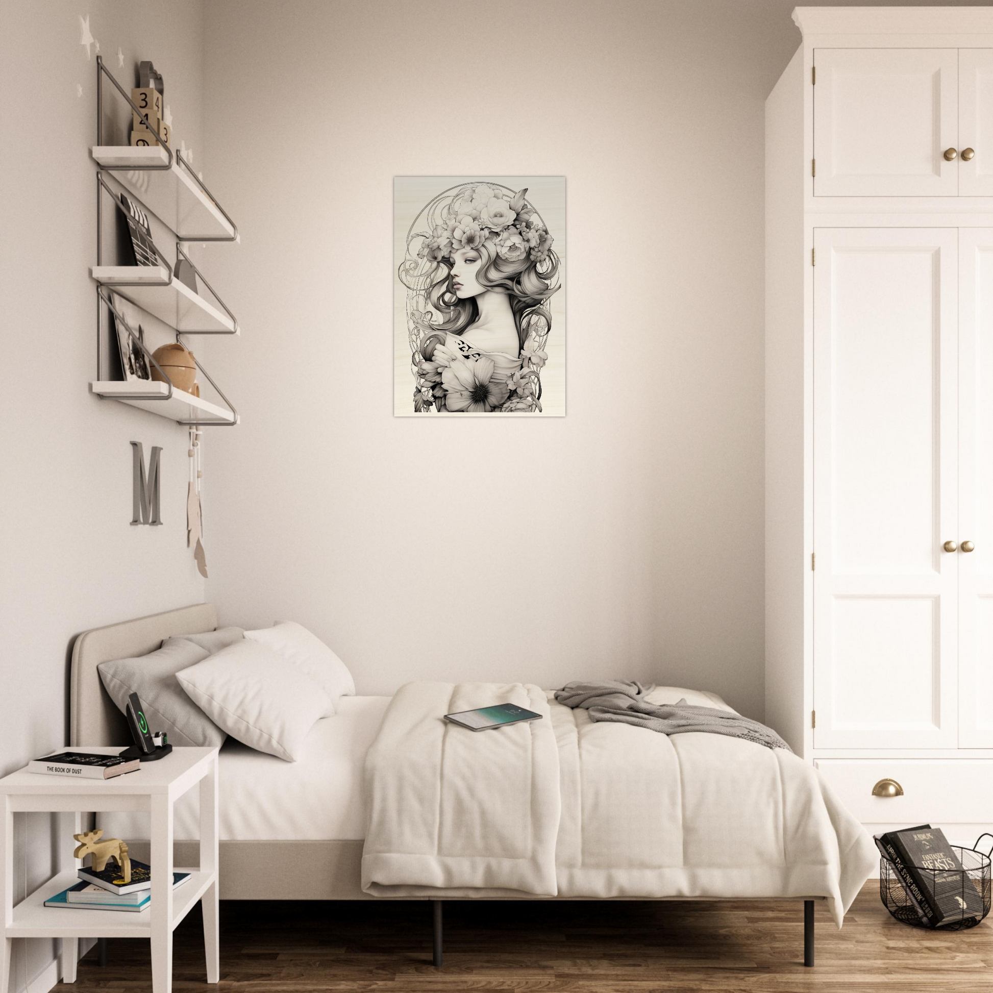 Minimalist bedroom with a single bed, white furniture, and artistic wall decor.