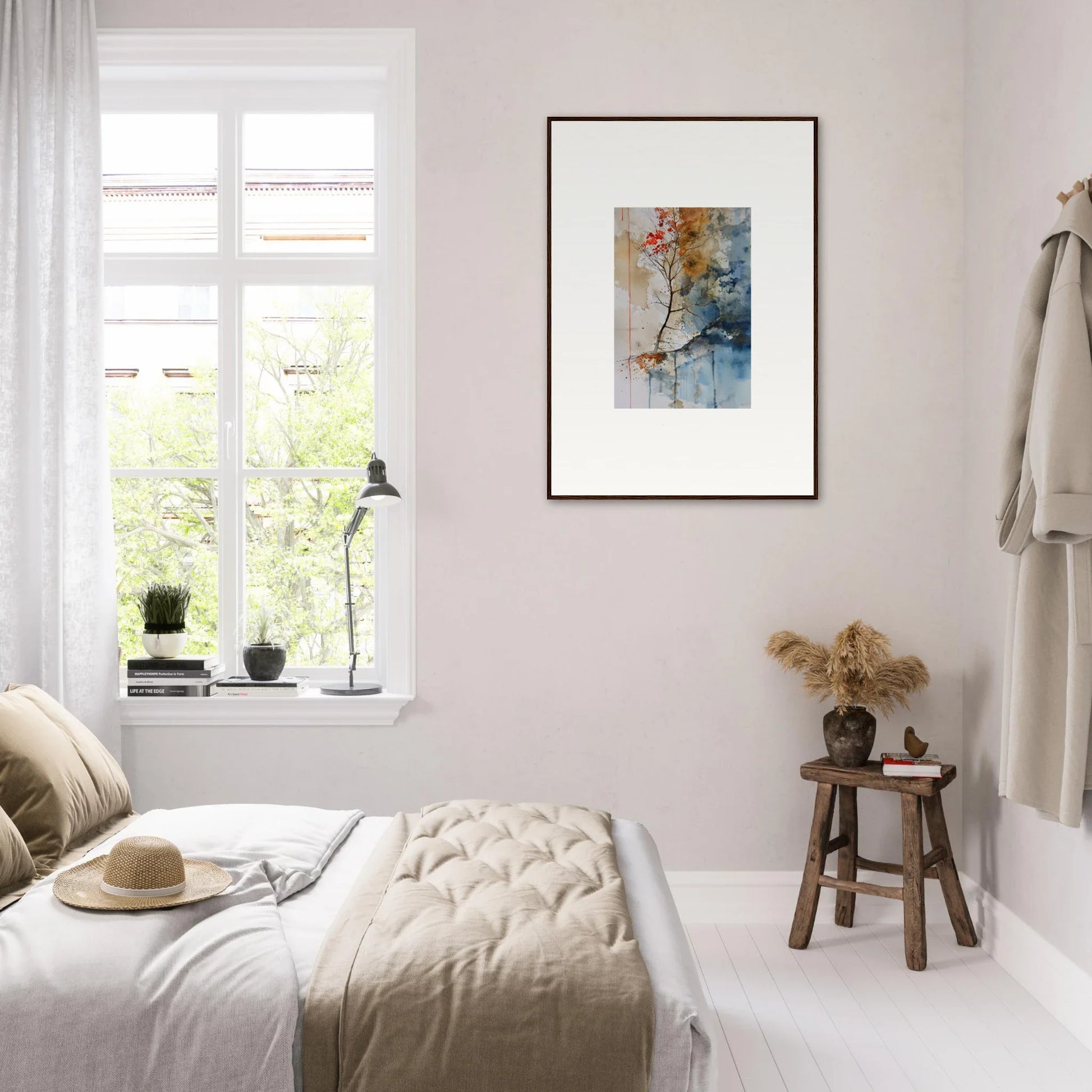 Bright airy bedroom with minimalist decor and framed wall art featuring Spectrum Spoon