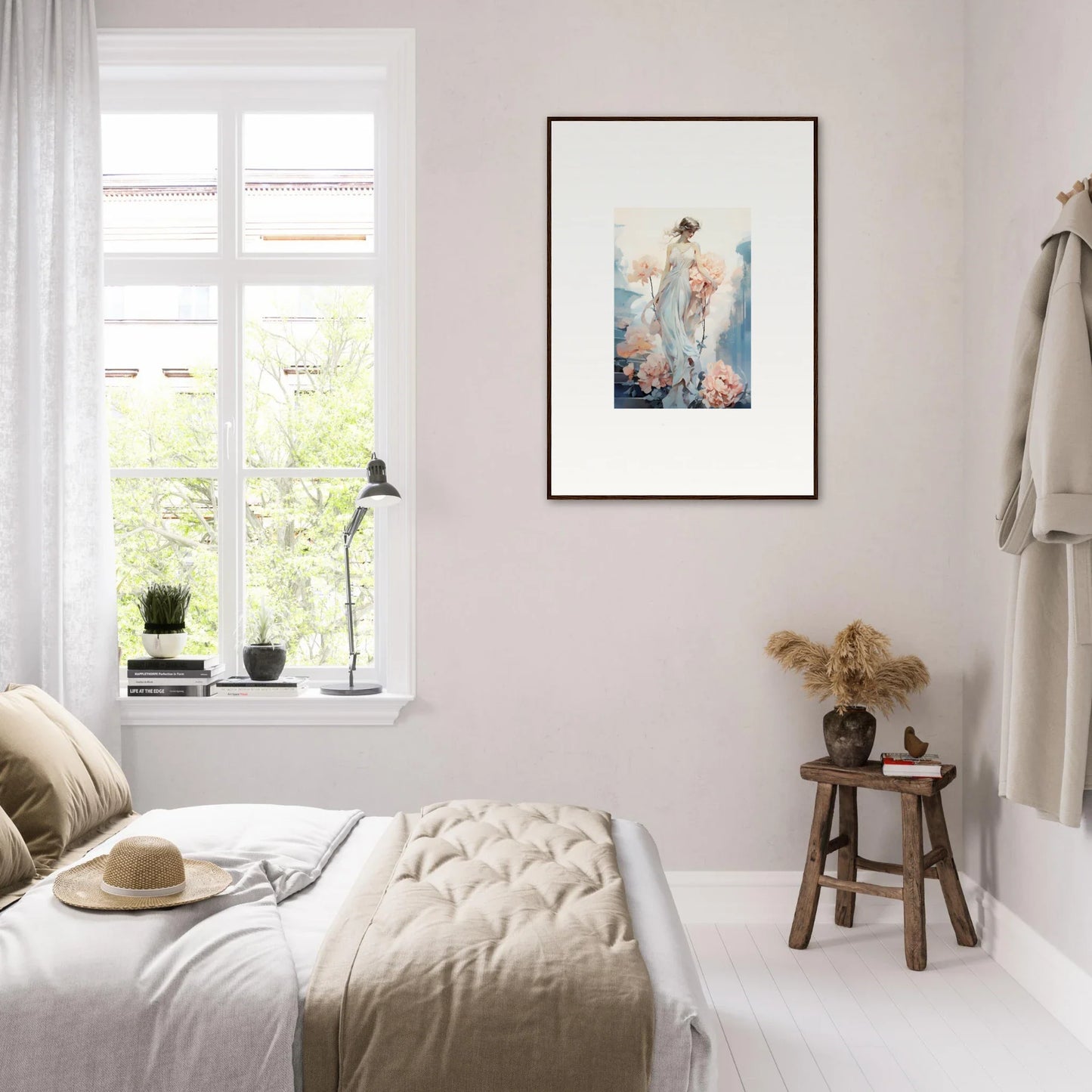 Bright, airy bedroom with minimalist decor and framed wall art featuring Floral Ballet