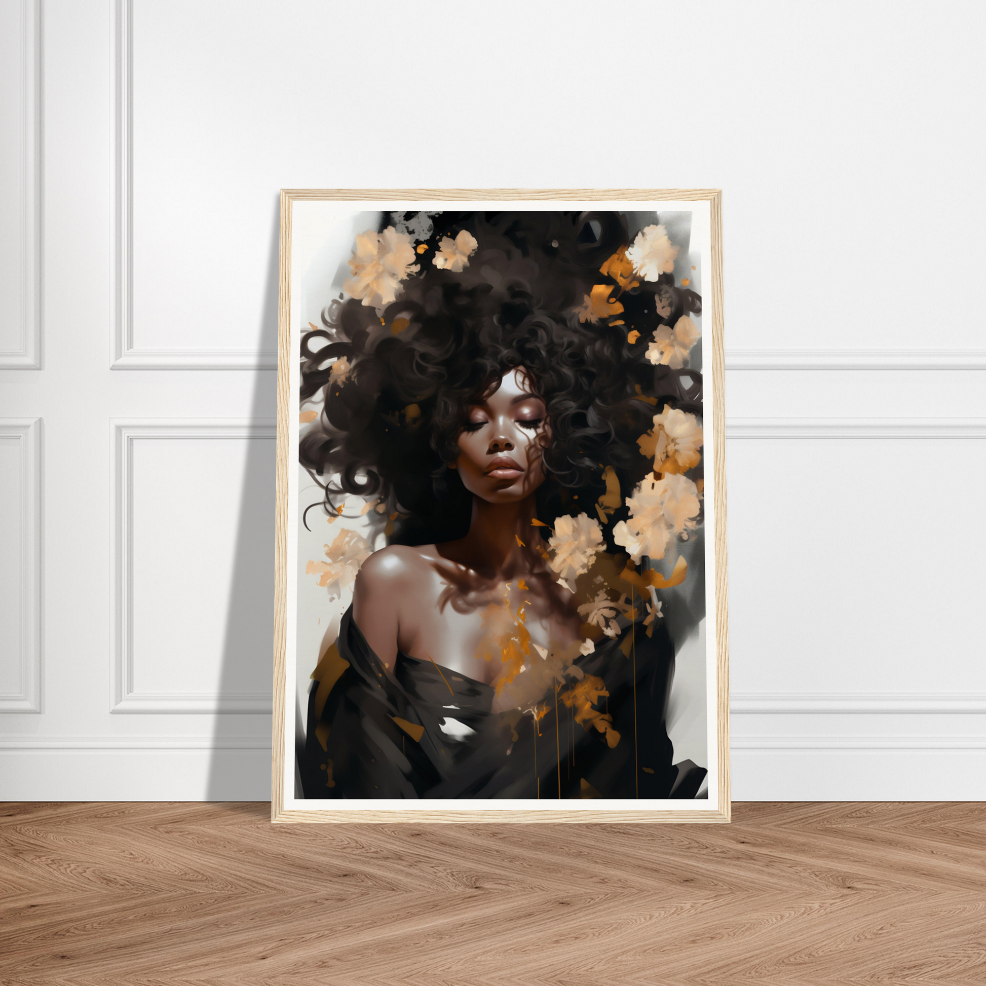 Framed portrait painting of a woman with an elaborate afro hairstyle adorned with flowers.