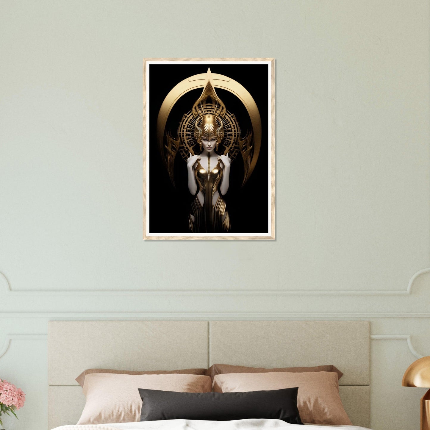 An image of a woman with the Art Deco Gold Goddess The Oracle Windows™ Collection headdress on a black background, perfect to transform your space into high quality fashion wall art.
