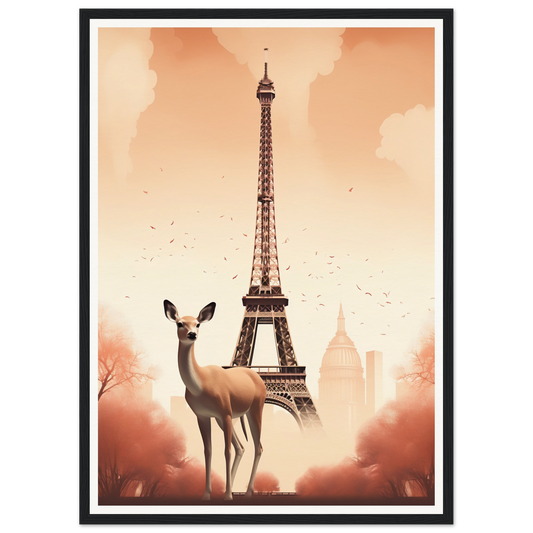 Deer standing in front of the Eiffel Tower.