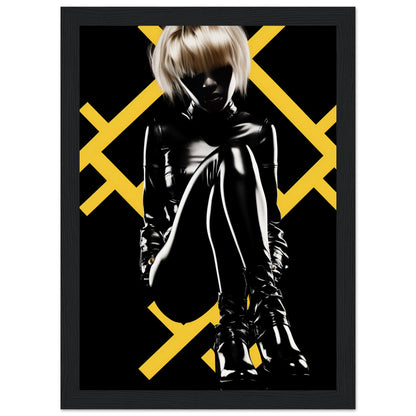 Silhouette of a person in shiny black clothing against a yellow geometric pattern.