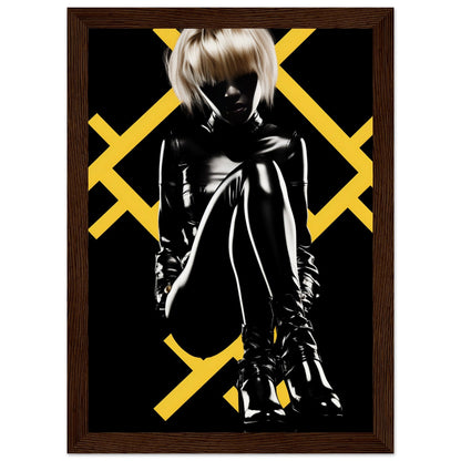 Silhouette of a person in shiny black clothing with blonde hair against a yellow geometric pattern.