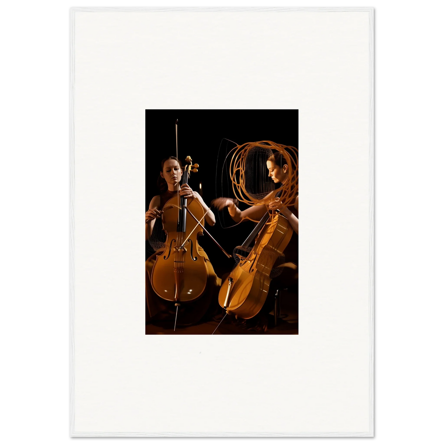 Cellos in dramatic lighting create a striking canvas print for stunning room decor