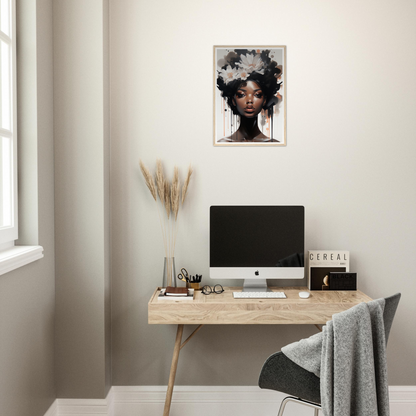 Minimalist home office workspace with a wooden desk, computer, and decorative artwork.