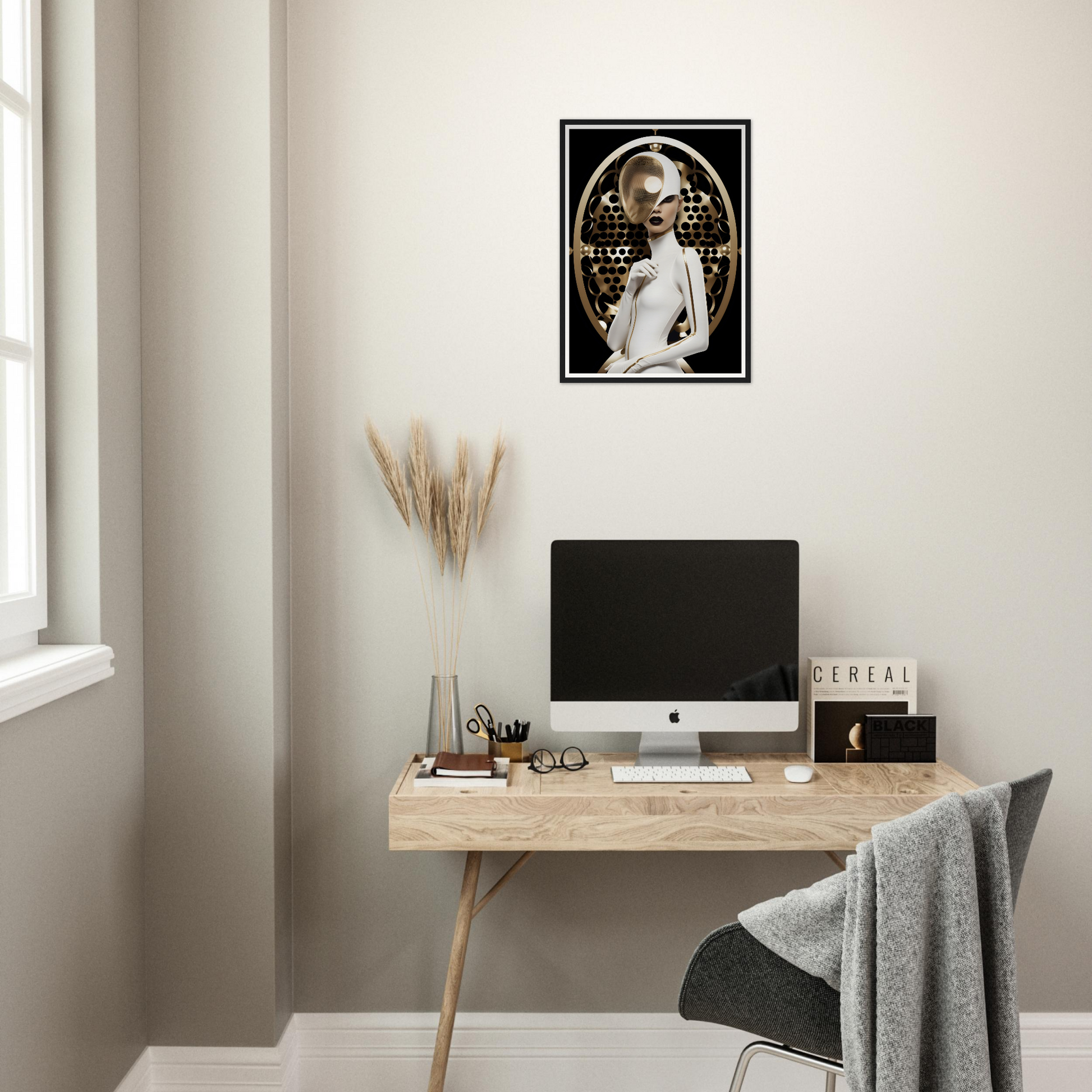 Minimalist home office workspace with a wooden desk, computer, and decorative elements.