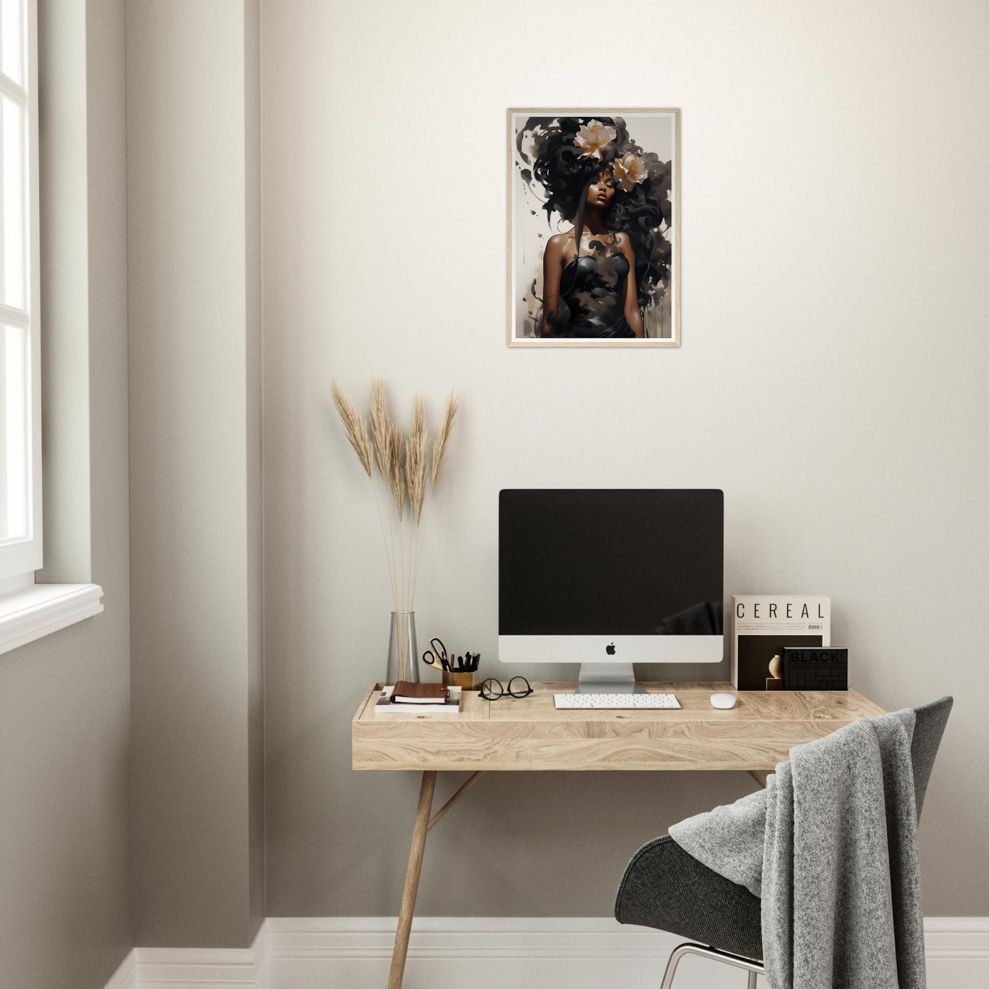 Minimalist wooden desk with a computer monitor and decorative artwork above.