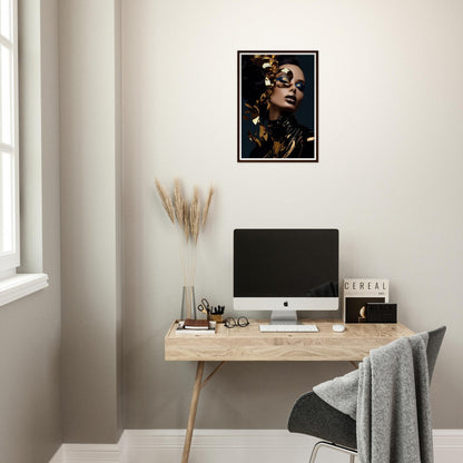 Minimalist wooden desk with a computer monitor and office accessories.