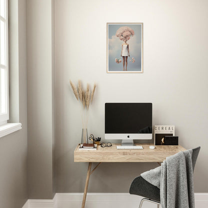 Minimalist wooden desk with a computer monitor and office accessories.