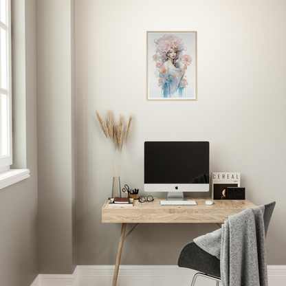 Minimalist wooden desk with a computer monitor and office accessories.