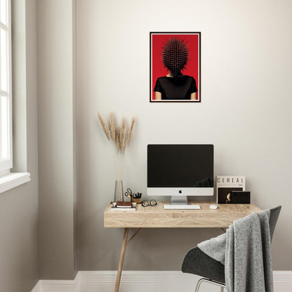 Minimalist home office workspace with a wooden desk, computer, and striking red artwork on the wall.