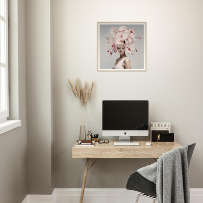 Minimalist wooden desk with a computer monitor and decorative accessories.