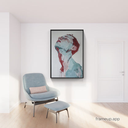An "Mind Set - XXL Framed Traditional Stretched Canvas" painting hangs above a chair in a room.