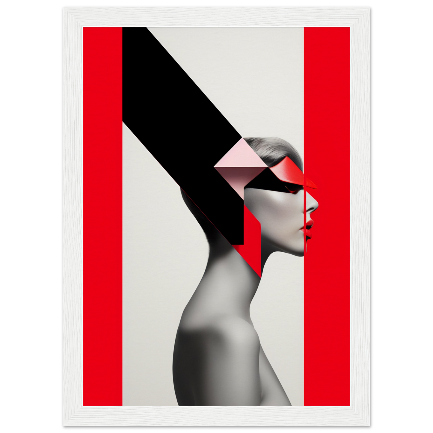 Stylized profile portrait of a person with geometric shapes obscuring parts of their face and head against a red and white background.