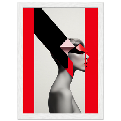 Stylized profile portrait of a person with geometric shapes obscuring parts of their face and head against a red and white background.