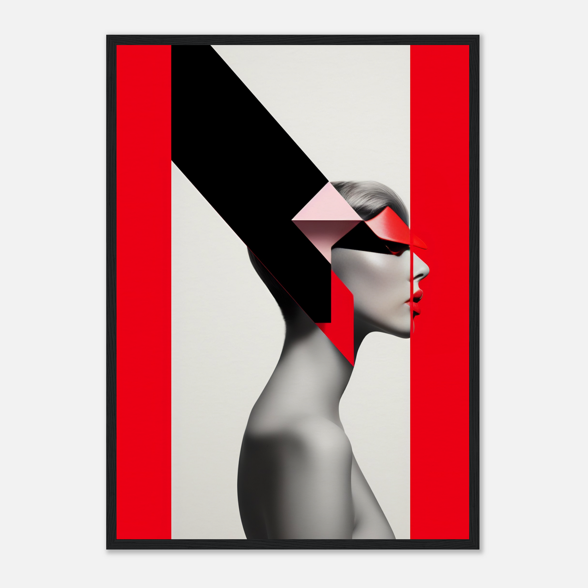 Stylized portrait of a person with geometric shapes and bold red accents.