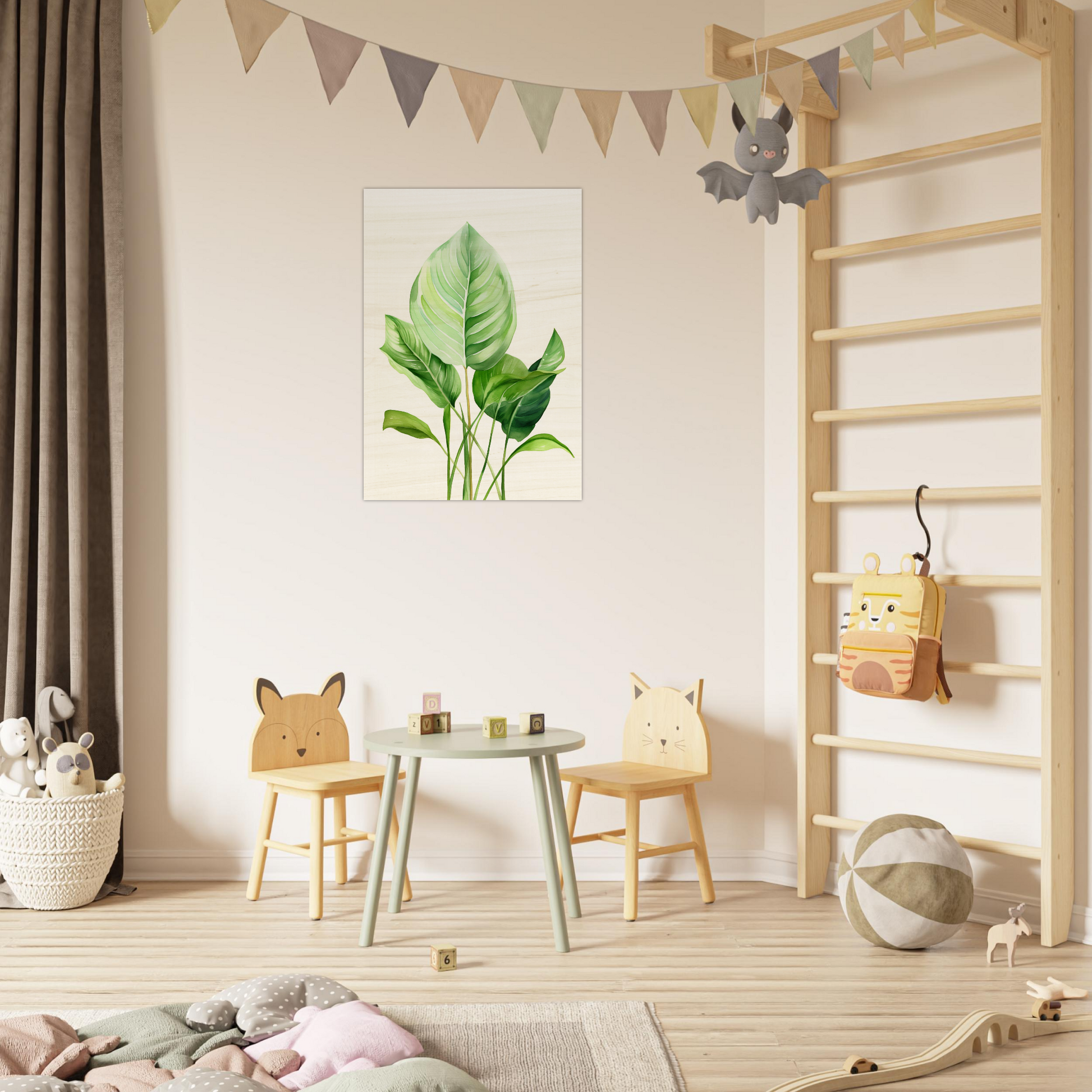 A child’s room with a wooden ladder and a green plant