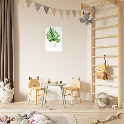 A child’s room with a wooden ladder and a green leaf on the wall